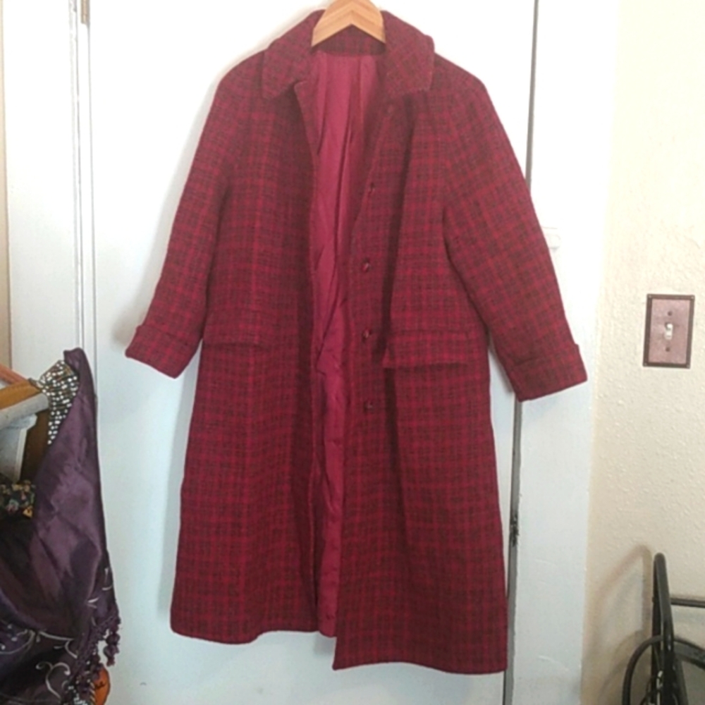Womens Harris Tweed Coat Scottish Wool Red Black Fits Like Women's Size 12